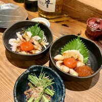 おやじ最後の握り 心斎橋店 - 赤エビユッケ・ホタテいくらユッケ・芽ねぎあて