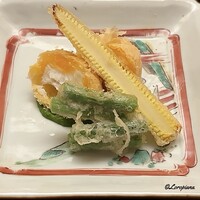 木山 - 魴鮄の酒盗揚げ､三度豆と幼雌穂揚げ