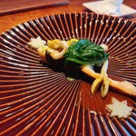 restaurant mamagoto - ヒラスズキ　アサリ　銀杏　ワタリガニのソース