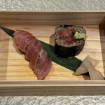 鮨ト酒肴 富かわ - 御挨拶　六日間熟成マグロ 中トロ　ネギトロと山牛蒡の中巻き