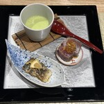 鮨ト酒肴 富かわ - 前菜　　冷製茶碗蒸し枝豆ペースト　鰤藁焼き薬味醤油　鰯と生姜の檸檬醤油漬け