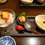 肉割烹 英 - 前菜三種 黒毛和牛の山かけ 特製一口ちらし 生雲丹と和牛のつまみ