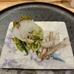 酒菜 竹さき - アオリ新イカとズッキーニのジェノベーゼ
      &下足の炙り レモンを絞り