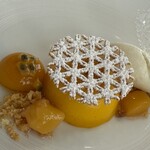 メゾン フジヤ ハコダテ - マンゴーのムースにカットしたマンゴー、パッションフルーツとココナッツアイスクリーム、焼き菓子に飴細工…