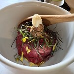 肉処 牛慎 - ◉ おにくの茶漬け　出汁スープを掛けてくれます♪