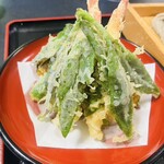 そばや清兵衛 - こしあぶら、海老、生姜、さやえんどう、オクラ等