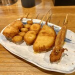 角打福本屋 - 串カツ盛り　ししゃも玉ねぎうずら銀なん鶏もも