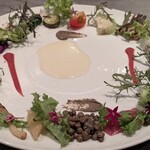 restaurant Et ... - パレットベジタブル  赤いソースはビーツとフランボワーズ
      上下のソースはブラックオリーブ、
      他は茗荷のお味噌や色々なスパイス