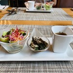バード・ウォッチ・カフェ - TOKACHIランチ2400円の前菜(キュウリ入りミニサラダ、ほうれん草とつぶ貝のタプナード、玉ねぎのコンソメスープ)