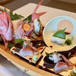 食べるお宿 浜の湯 - 舟盛り(金目鯛、烏賊、白身のたたき、カンパチ、甘海老)