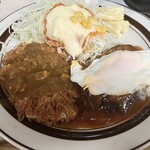 ランチハウス 美味しん坊 - ハンバーグ目玉焼き乗せにチキンカツ、カレーソースかけ