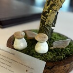 Restaurant Régis & Jacques Marcon - 木の根元に生えている、可愛らしいキノコ。
      ムース状のセップに何かをコーティングしたモノを、白い石に乗せています。
      かわいいし、美味しい(^^)