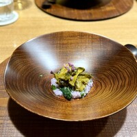 十皿 - 柔らか蒸し鮑の肝和え　金時草粥