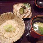 Kuzushi Yoshiyoshi - (食事)天豆の炊き込みごはん/湯葉と三つ葉のお吸い物/自家製の糠漬け