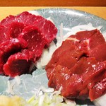 心人 - 馬刺し、２種。ニンニクも入れて、２種類のタレにつけて頂きました。