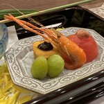 馬車道 大かわ - 南瓜の田楽　宮崎新銀杏　琵琶湖手長海老唐揚げ　　　　静岡県フルーツトマト　鰹出汁　シークワーサー　お浸し　　鯛のわた塩辛