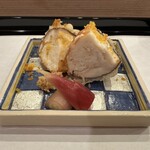 馬車道 大かわ - 二身揚げ　どんこ　ホタテのしんじょ　カラスミ　　　　　　北海道山わさび醤油漬け　みょうが甘酢漬け