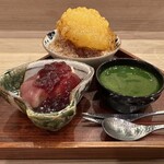 馬車道 大かわ - かき氷　柿　黒蜜　　　　　　　　　　　　　　　　　　コンポート　和梨　いちじく　赤ワインジュレ　　　　　　ブランマンジェ　落花生　抹茶蜜