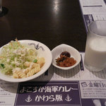 横須賀海軍カレー本舗 - 最初にサラダと薬味、牛乳が出てきます。