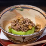 よし町 - 2025.9 緑茄子そぼろ掛け（チタケ、ヒラタケ、タマゴタケ、常陸国天然まがも）