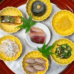 よし町 - 2025.9 前菜（芥子茄子、鯖燻製、しその穂オクラ、素麺南瓜、白魚蓮根、おおまさり、鴨生ハム）