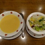 Suteki No Don - 「ステーキのどん 富士見店」スペシャルセット(税込み518円)のポタージュスープとサラダ