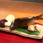 319790346 - 九頭竜川の鮎塩焼き 肝ソース掛けと富良野産松茸焼き盛り合わせ