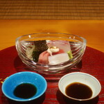 日本料理 幸庵 - 鮪、ダルマイカ、真鯛、真鯛の皮の盛合せ