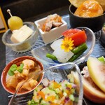 ポチの家 - さつまいもとマスカルポーネ 豚ヒレゆず南蛮 アオリイカとニンニク塩ダレ和え カワハギ肝旨中華和え