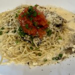 オッティモ・シーフード・ガーデン - 博多明太子とキノコのカルボナーラを大盛りで（¥1,620+¥320円）、すべて税込