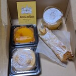 カステラ ド パウロ - 左から時計回りにプディン・デ・ジェーマ、フォフォシュ、テントゥガル、マミーニャシュ