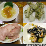 富士屋本店 - 刺し身コンニャク、うど天ぷら、ハムキャ別、ナス味噌