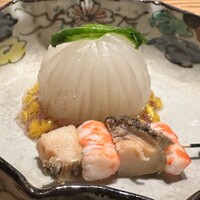 雨後晴 青山 - 菊花蕪の含め煮　地鶏味噌、蒸し鮑、車海老