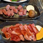 焼肉はちや - 和牛サイコロステーキランチ1380円と和牛カルビランチ1580円の肉
