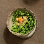 インド料理 想いの木 - ひよこ豆のサラダ：イタリア産プロボローネチーズを使用した
                                ひよこ豆のサラダは、豆は2種使用。インドの複合スパイスやレモンの酸味を効かせていて、上にはキウイフルーツがのせられている。