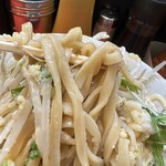 用心棒 - 麺は太麺で平たく、ゴワッとした食感かと思ったらツルッとしていました。