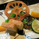 青山きいろ - 鰆の九条ネギ焼き、慈姑松風、揚げレンコン。