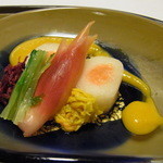 割烹旅館 湯の花荘 - 2014.10）燻製紅鮭の砧巻き、南京ソース添え