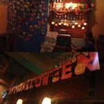 上：Amigos(友達)とかかれた周辺にたくさんの写真　下：ハロウィーンなので内装もそれっぽくなってます