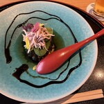 八起庵 - 【前菜】　秋茄子　雲丹　鴨ささみのタルタル