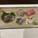 北の庵なごみ - お造り盛り合わせ　（秋刀魚・金目・マグロ・ヒラメ・縞鯵）