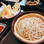 女鳥羽そば - 天ぷらは凛と揚がっていて酒のつまみにもなりナイスなチョイスだった。「岩波」は主張しすぎずに蕎麦に寄りそう良い酒だ。