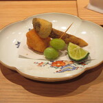 鮨 さかい - 揚物、クエ(佐賀呼子20kg)、松茸、銀杏