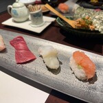 風凛 - 【鮨】　推しは手前のエビ。奥はあん肝と奈良漬の手巻