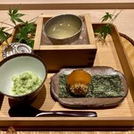 炎水 - 先付： 冬瓜摺流し ずんだ豆 からすみ蓮根餅