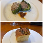 ルオント - ⤴︎ ピーマンのサルシッチャ詰め ハリッサ添え  ⤵ 天然酵母の自家製ハーブフォカッチャ