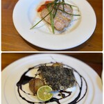 ルオント - ⤴︎ 瀬戸もち豚ロースのコトレッタ ニラのサルサヴェルデ  ⤵ 鯖とキタアカリのロースト  〇心友とシェアです