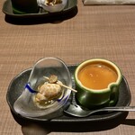 活魚 魚一 - お通し、つぶ貝と餡掛け豆富、餡掛け豆富うんまい^_^