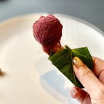 プレゼンテ スギ - 手羽の中には『イノシシ』『スッポン』が詰め込まれたハイパー手羽先。発酵紫キャベツパウダーと粒マスタードをお好みで。ワイルドな風味を感じる手羽先です。