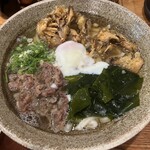 320758369 - 用意されたトッピング全てオンした大盛かけうどん